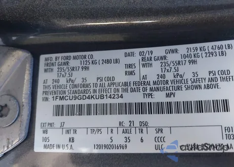 2019 Ford Escape Se из США, поврежденный, VIN 1FMCU9GD4KUB14234